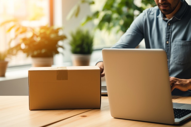 Laptop und Paket auf einem Schreibtisch